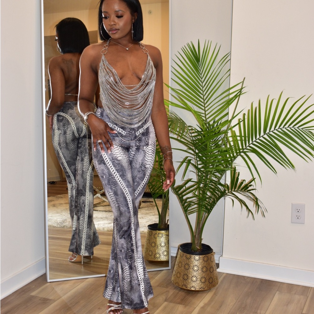 Silver Snake-Print Flare Pants - Women's Jumpsuit Bottom